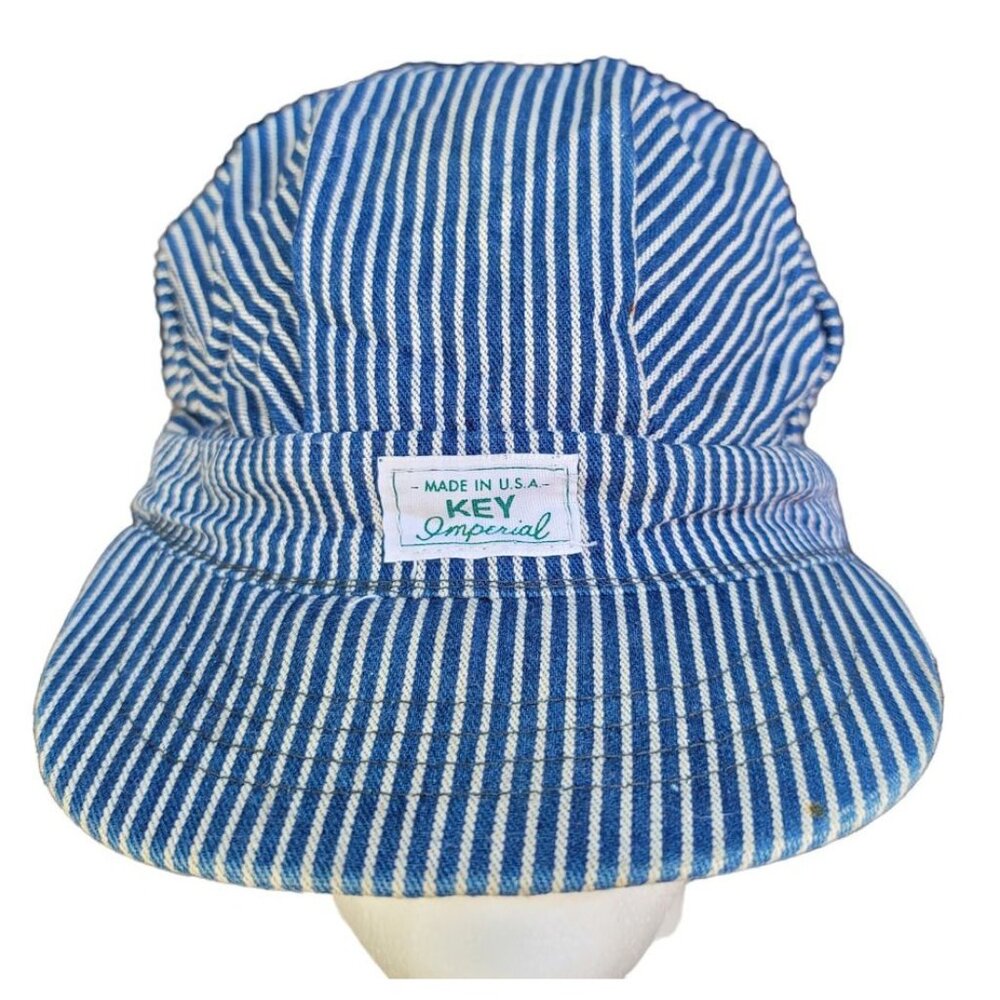Vintage Key Imperial Railroad Train Conductor Slouch Hat Cap Hickory Stripe M18